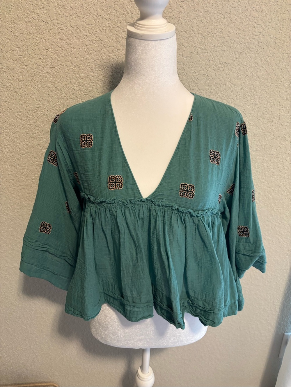 Free People Teal Embroidered V-Neck Crop Top & Short Set